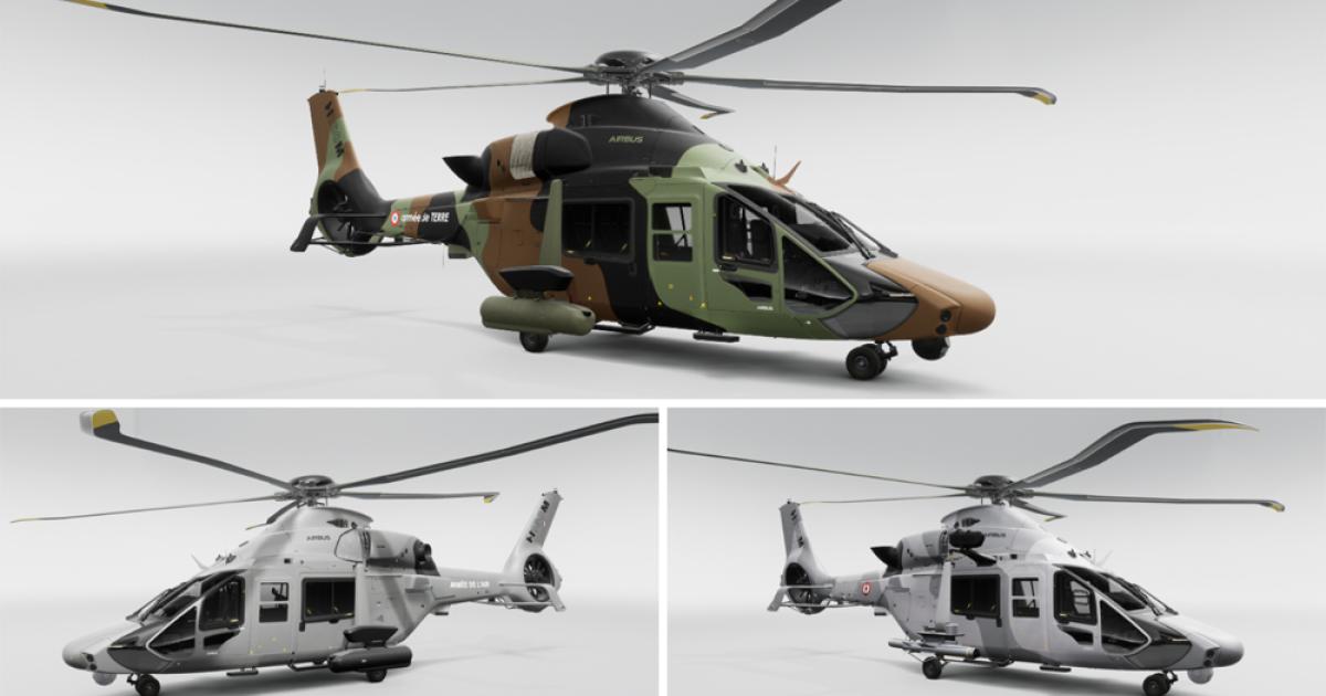Company graphics show the H160M in the colors and configurations of the three French services it will equip, comprising Armée de Terre (top), Armée de l’Air et de l’Espace (lower left), and Marine Nationale (lower right). (Photo: Airbus)