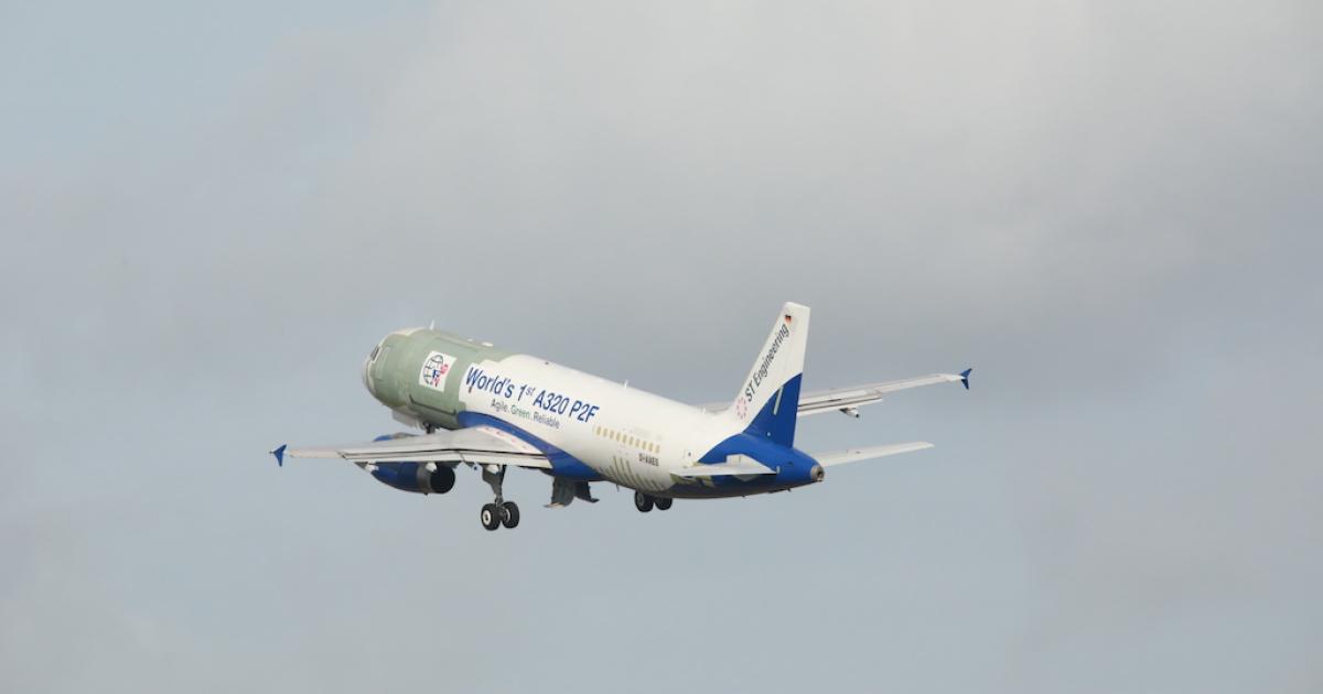 The first EFW Airbus A320P2F takes flight for the first time on December 8, 2021. (Photo: Elbe Flugzeugwerke)