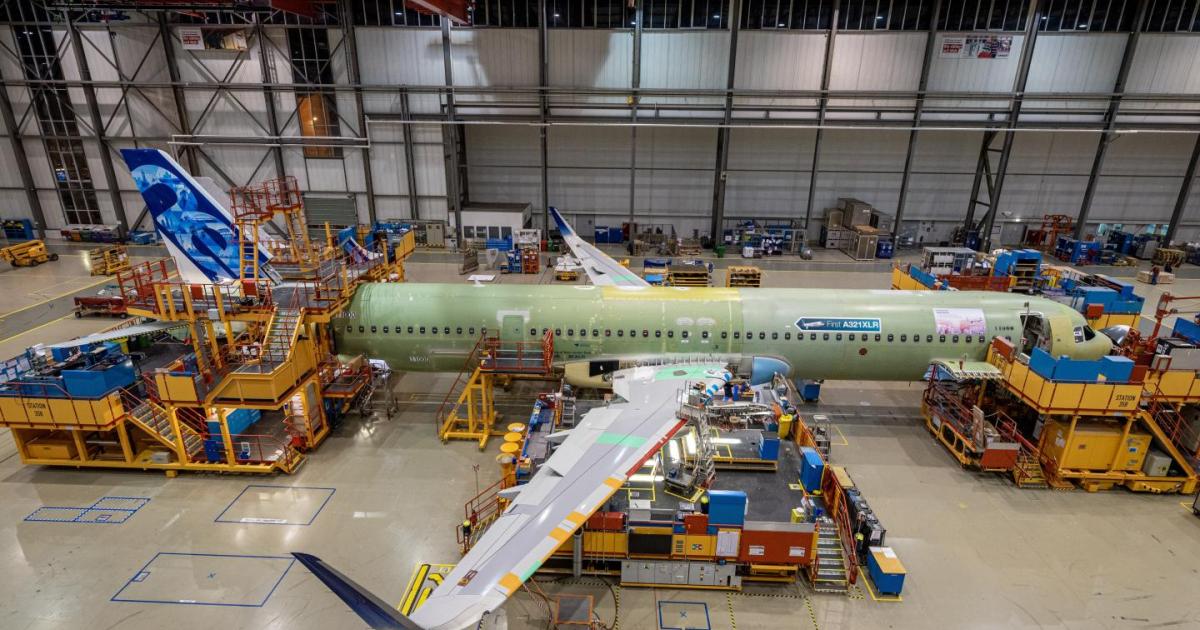 The first Airbus A321XLR undergoes final structural assembly in Hamburg. (Photo: Airbus)