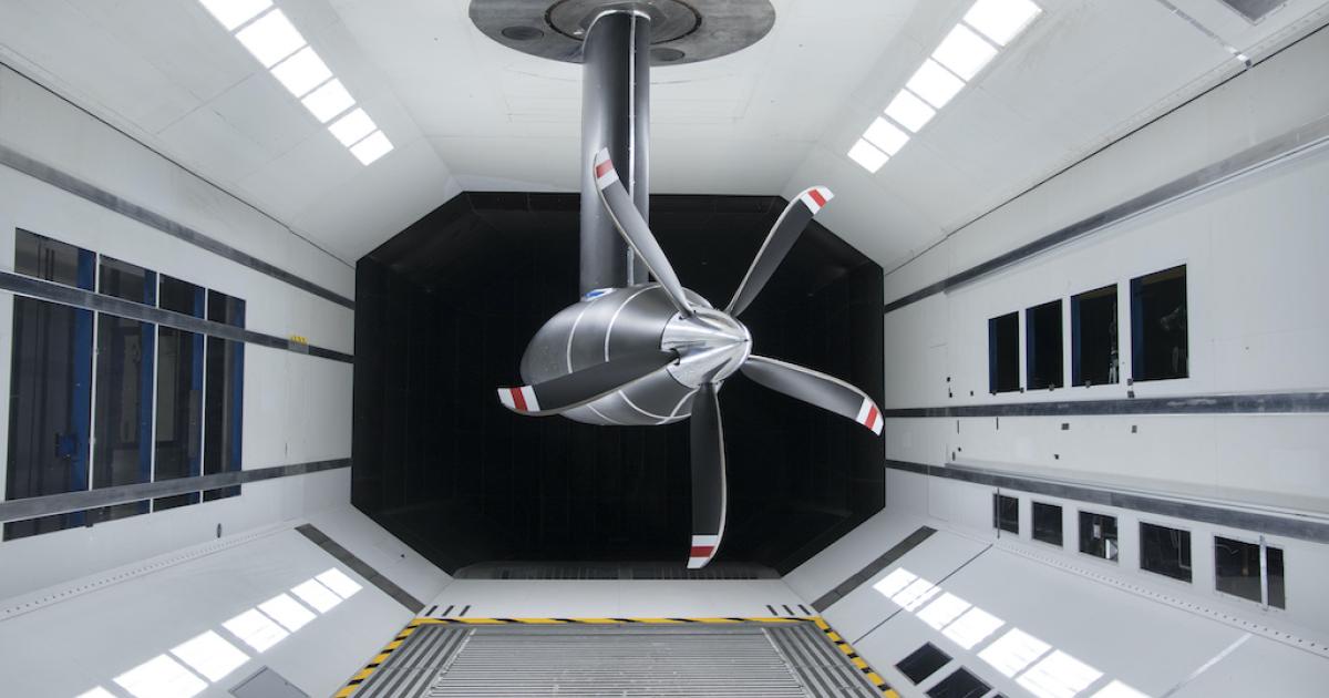 Wind tunnel testing of McCauley Propeller Systems' C1106 Denali propeller was conducted at Ruag's facilities in Emmen, Switzerland. (Photo: McCauley Propeller Systems)