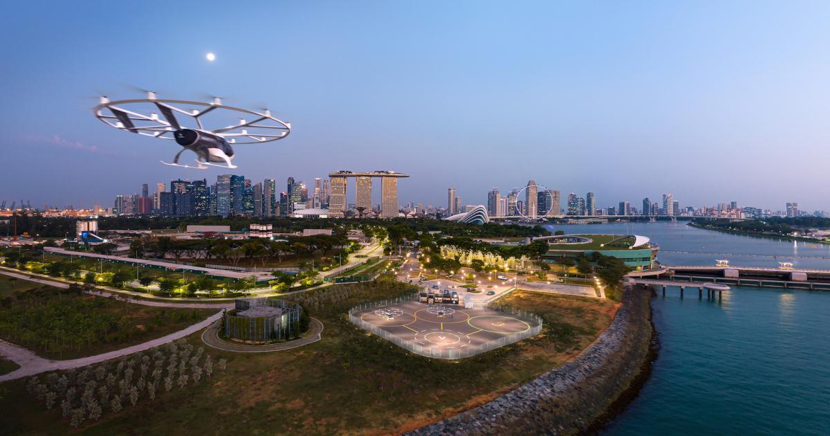 Singapore could see new eVTOL aircraft like Volocopter's VoloCity model providing taxi services from vertiports starting in around 2024. (Image: Skyports)