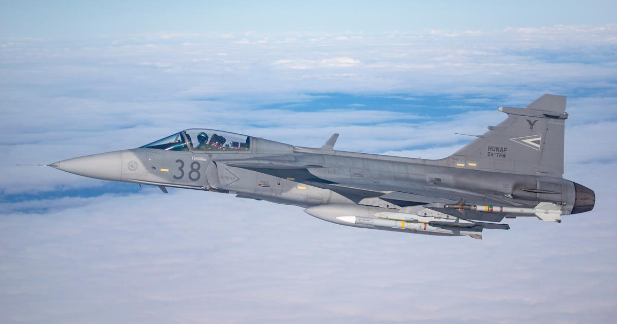 A Hungarian Gripen fighter undertakes a routine air defense patrol with live AIM-120 AMRAAM and AIM-9M Sidewinder air-to-missiles. (Photo: Saab)