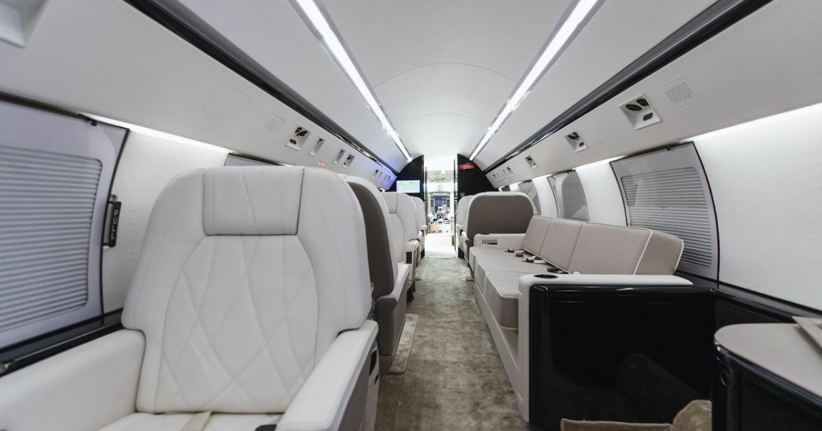 VIP Completions' refurbishment of a Gulfstream GIV-SP included the installation of an Alto Aviation sound system, plus new wood, upholstery, carpeting, soft goods, plating, lighting, and video upgrades. (Photo. VIP Completions)