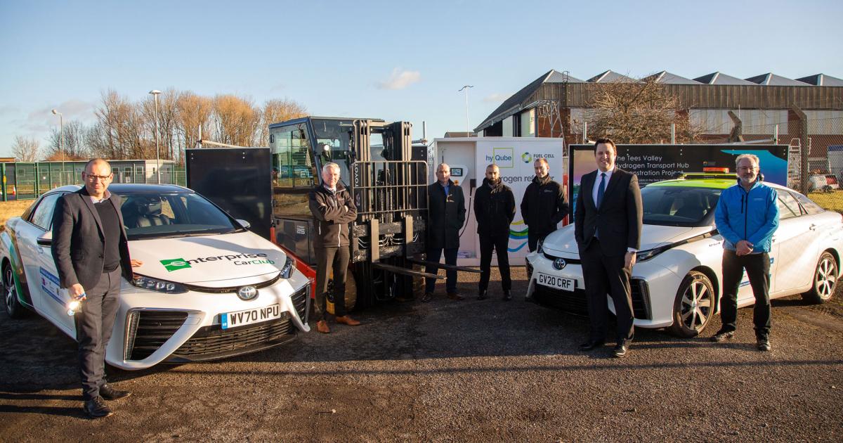 Members of the UK's local Tees Valley government along with stakeholders from the hydrogen industry celebrate the establishment of a new hydrogen vehicle fueling station at Teesside Airport. (Photo: Tees Valley Combined Authority) 