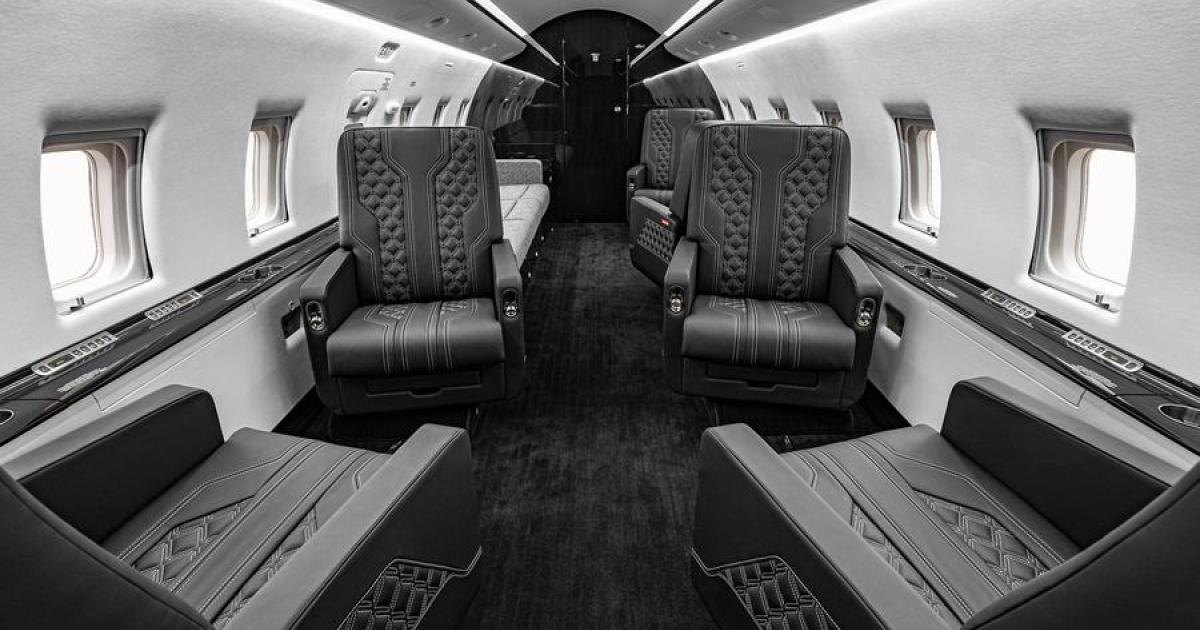 Duncan Aviation's refurbishment of a Challenger 604 balanced preferences for dark colors and a bright interior and involved a hydrographic package for most of the finishings. (Photo: Duncan Aviation)