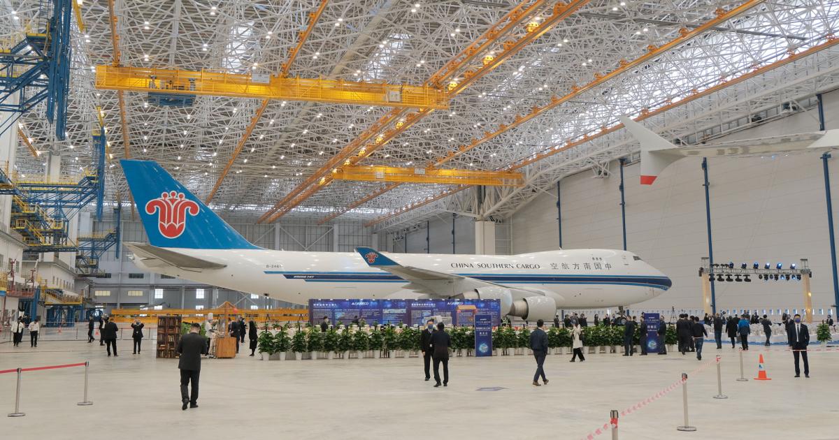 A Boeing 747-400F, the first aircraft to be inducted, along with an A380-800, into Gameco's supersize Phase 3 hangar at its headquarters in Guangzhou, China, just before the hangar inauguration ceremony took place on Dec. 21, 2021 (Photo: Gameco).