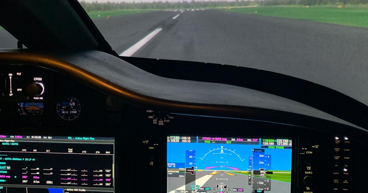 The view from the right seat in FlightSafety’s CitationJet M2 full-flight simulator at its Wichita learning center, where a group of Citation Jet Pilots Owners Association members flew more than 200 approaches in a study designed to reduce runway excursions. Photo: Matt Thurber