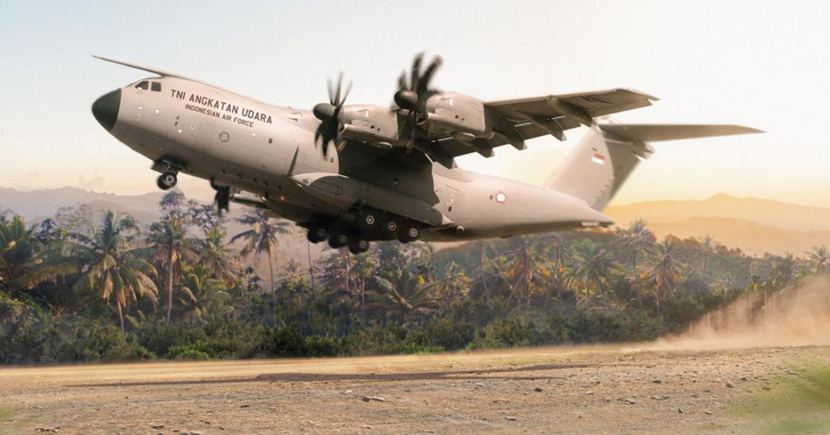 An A400M in notional TNI-AU colors is depicted operating from the kind of rough strip that is common throughout Indonesia's more remote regions. (Photo: Airbus)