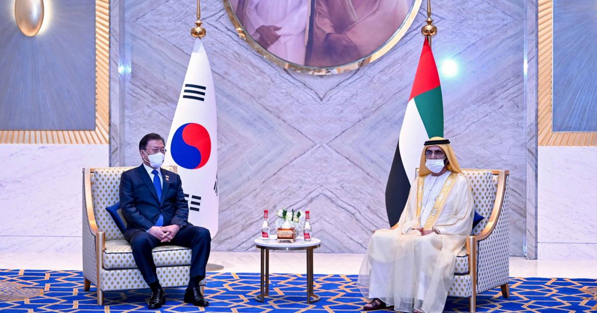 UAE Prime MInister Sheikh Mohammed bin Rashid Al Maktoum meets South Korean President, Moon Jae-in, in Dubai on January 16 (photo: Dubai Media Office)