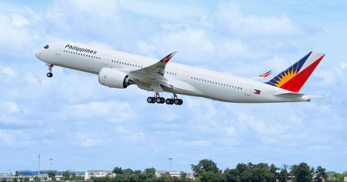 A Philippine Airlines Airbus A350-900 takes off on its delivery flight in June 2018.