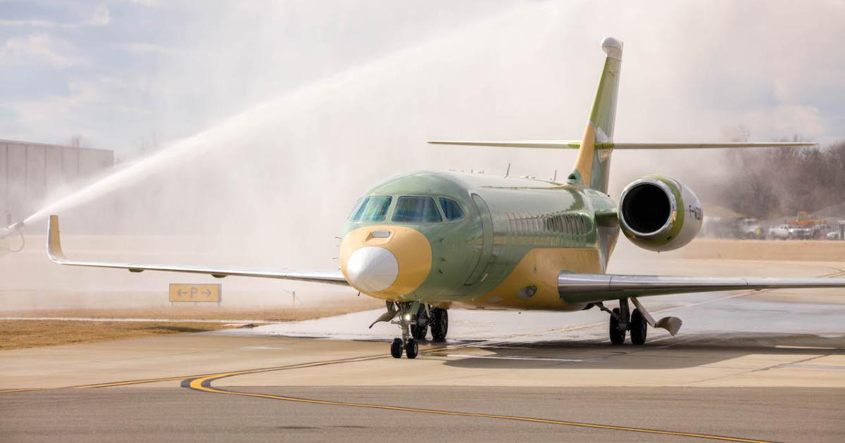 On January 28, Dassault Falcon 6X S/N 5 was greeted with a water cannon salute at the French airframer's Little Rock, Arkansas, completions center for the type's first production interior. (Photo: Dassault Falcon Jet)