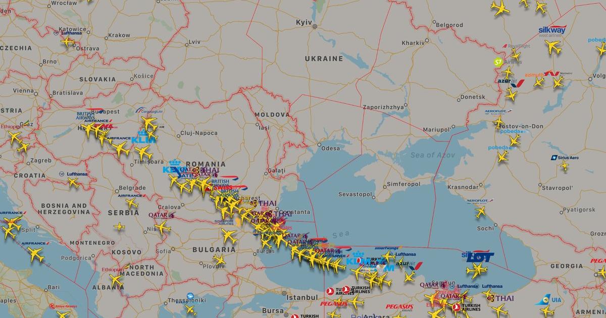 A FlightRadar24 map published on February 15 shows the extent to which airline traffic has been avoiding overflights of Ukraine in recent days as military tensions with Russian continue. (Image: FlightRadar24)