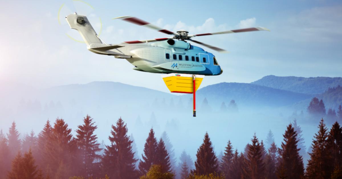 Milestone Aviation has partnered with Helitak to develop an easy install, aerial firefighting kit for the S-92A featuring a quick-fill 1,050-gallon tank. (photo: Helitak)