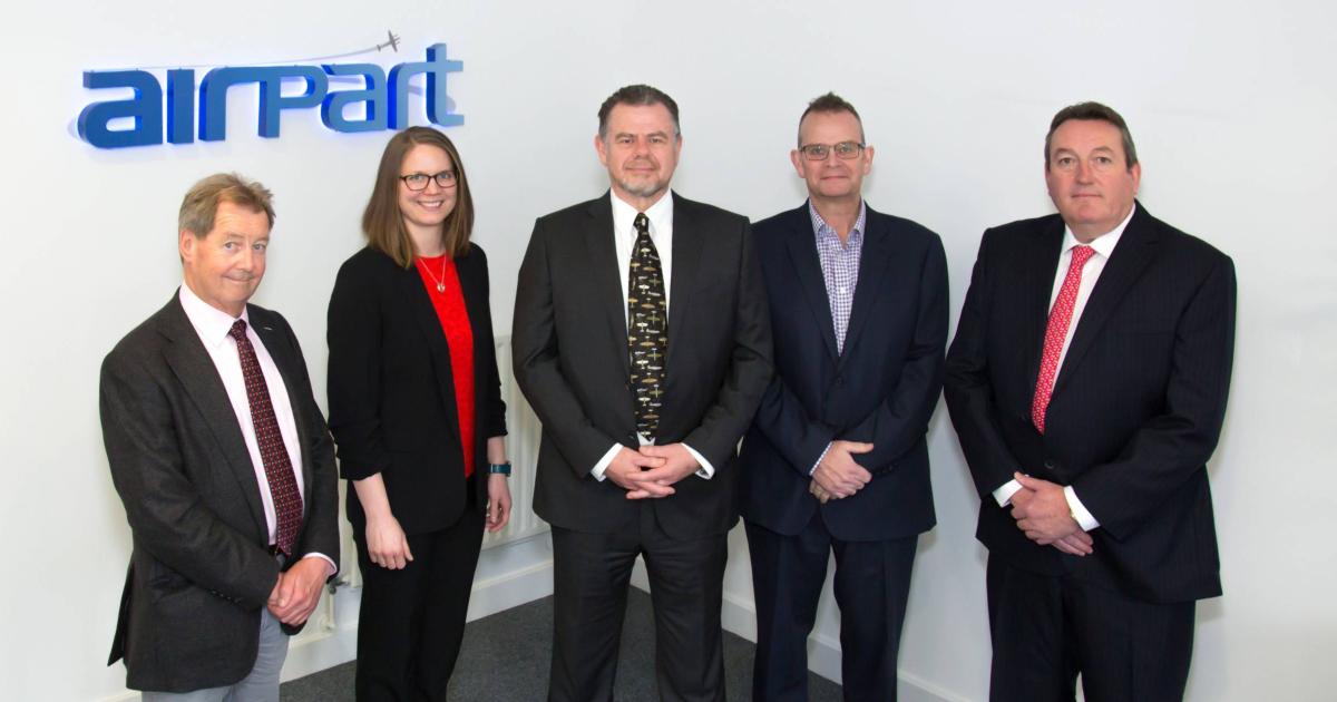 From left, Airpart founder Rob Allen, Pula Aviation Services CFO Louise Scott, Pula CEO Steve Page, Pula business development director Howard Povey, and Airpart founder David McHugh. (Photo: Pula Aviation Services)