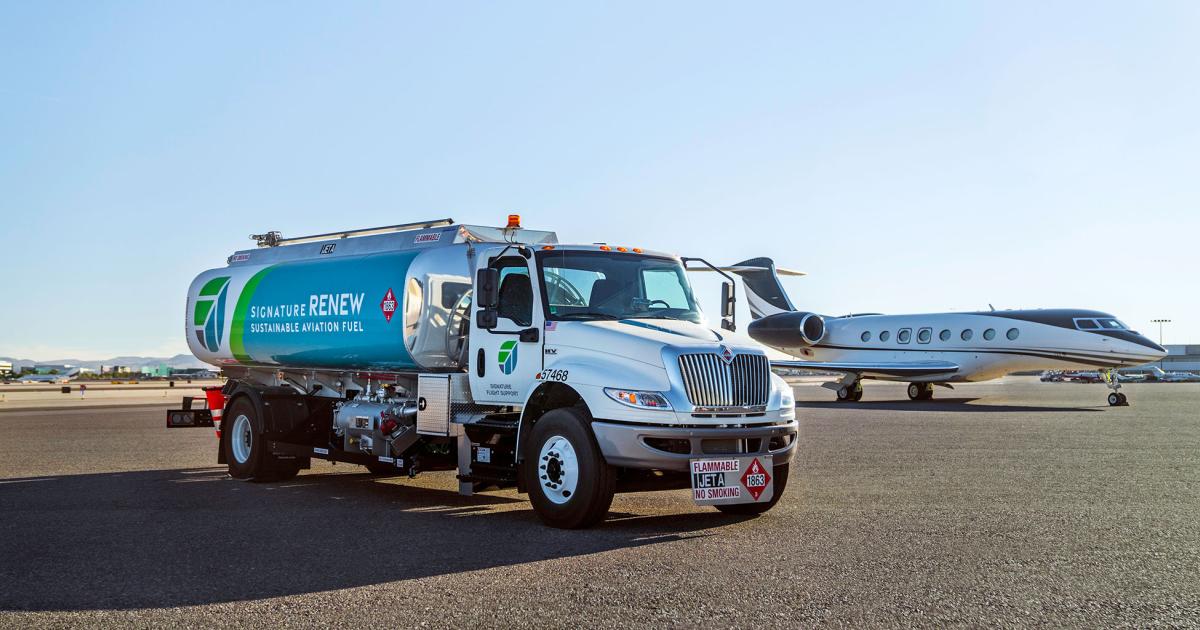 Just in time to greet inbound private jets carrying Super Bowl-bound passengers, Signature Flight Support has introduced permanent supplies of sustainable aviation fuel at its Van Nuys Airport FBO. (Photo: Signature Aviation)