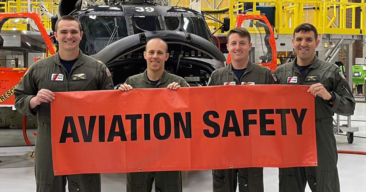 The 2022 Salute to Excellence in Safety Award winner—U.S. Coast Guard Air Station Cape Cod Safety Department. Leadership for the department includes (left to right) LCDR J. Travis Christy, Command Safety Officer; LT Jeff Mistrick, Rotary-wing Flight Safety Officer; LT Sam Sbalbi, Ground Safety Officer; and LT Josh Castillo, Fixed-wing Flight Safety Officer.
