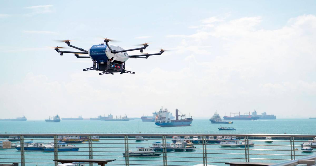 Almost three years since Airbus trialed drone cargo deliveries to shipped docked off the coast of Singapore, ST Engineering is leading a new pilot program for uncrewed aircraft operations. (Photo: Wilhelmsen)