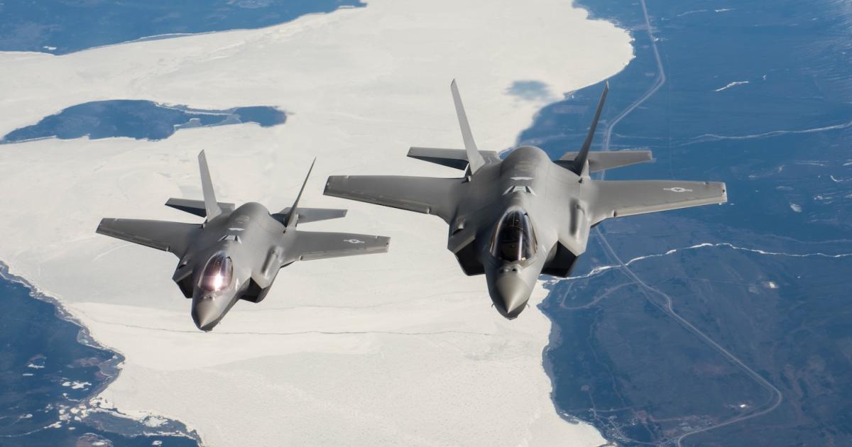 Two U.S. Air Force F-35As fly over Canada’s Yukon territory. A key role for the type in RCAF service will be air defense of the nation’s northern airspace. (Photo: U.S./ Air Force)