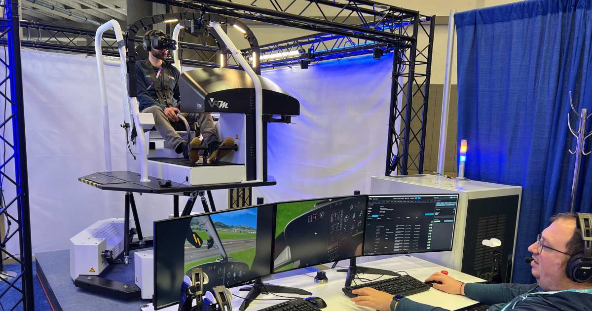 VRM Switzerland’s Airbus H125 virtual reality flight training device is on display here at Heli-Expo and will be shipped to customer Colorado Highland Helicopters after the show. Photo: Mariano Rosales