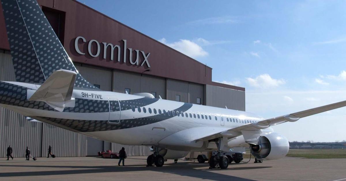 The first Airbus Corporate Jets (ACJ) TwoTwenty, an executive variant of the Airbus A220 single-aisle airliner, arrived in January at Comlux Completion in Indianapolis, direct from the A220 final assembly line in Mirabel, Canada. (Photo: Comlux)