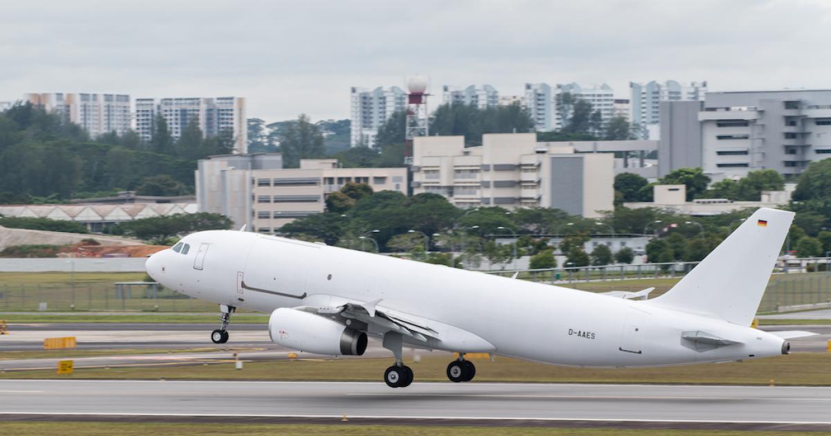 The first A320P2F converted freighter takes off from Seletar Airport in Singapore. (Photo: EFW)