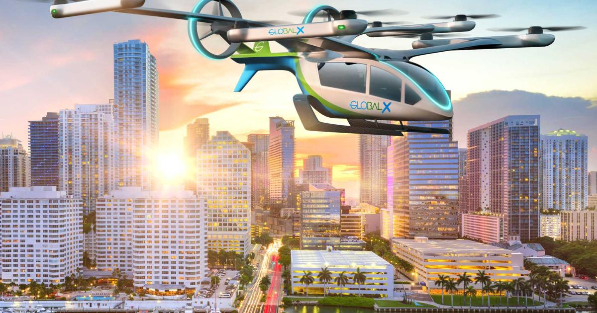 Embraer Eve has announced plans to prepare the way for urban air mobility (UAM) flights in the Miami area, as well as a provisional sales agreement for 200 of its four-passenger eVTOLs from Miami-based charter carrier Global Crossing Airlines (GlobalX). (Photo: Eve)