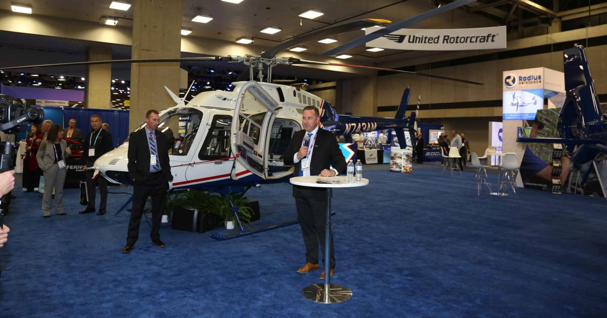 Heli-Expo 2022 provides Jeremy Bryck, United Rotorcraft senior director of 145 operations, with a venue to outline the company's expansion. (Photo: Mariano Rosales/AIN)