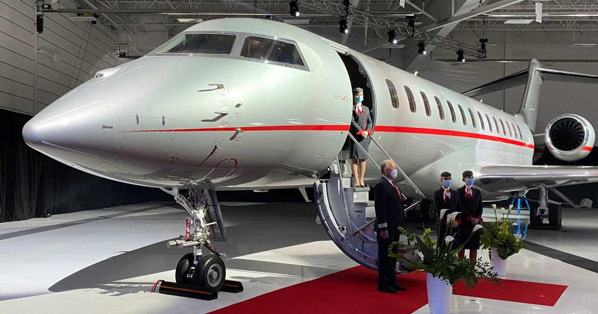 VistaJet took delivery of Bombardier's milestone 100th Global 7500 on March 29 during a ceremony at Bombardier's Laurent Beaudoin Completion Centre in Montreal. (Photo: Chad Trautvetter/AIN)