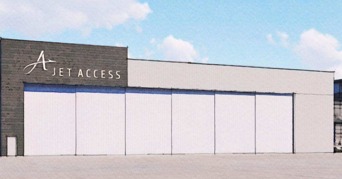 This artist's rendering shows the 22,500-sq-ft hangar that will be built at the Jet Access FBO at Indianapolis Regional Airport. When completed by the end of the year, it will bring the facility up to 35,700 sq ft of heated space capable of sheltering the latest large-cabin business jets.