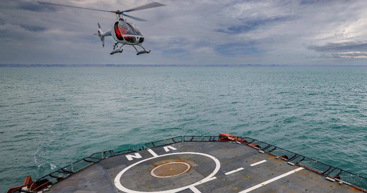With safety pilot aboard, the VSR700 demonstrator OPV approaches the landing deck of a civilian vessel during its first ship-based trials. (Photo: Airbus Helicopters)