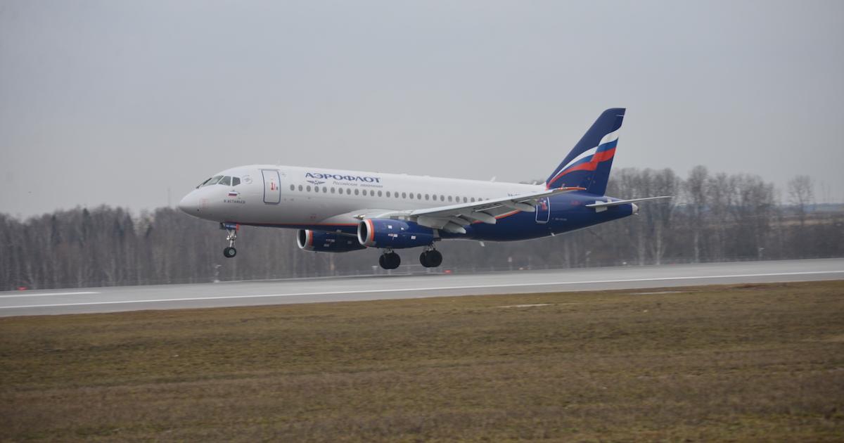 An Aeroflot SSJ100 lands at Moscow Sheremetyevo Airport. Russian airlines have used the regional jets to connect Moscow with international destinations via Sochi in the southern part of the federation. (Photo: Vladimir Karnozov)