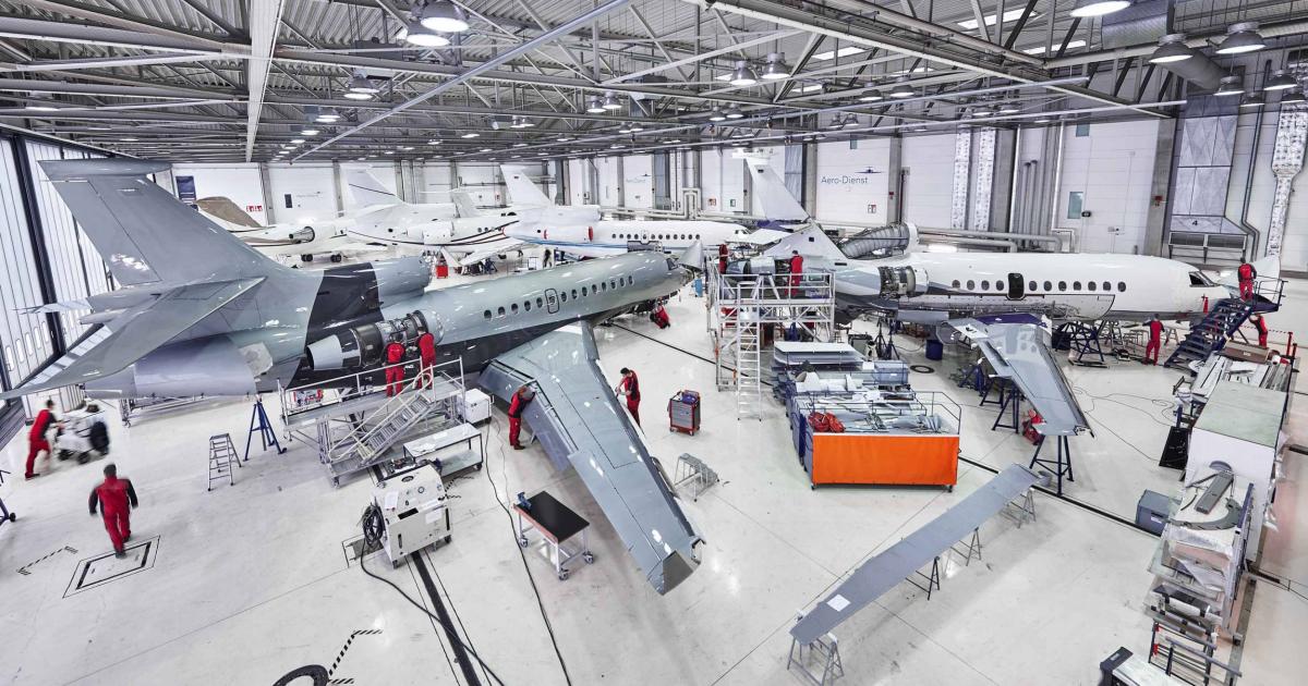 Falcon jets are a key customer base for Aero-Dienst’s maintenance business. (Photo: Aero-Dienst)