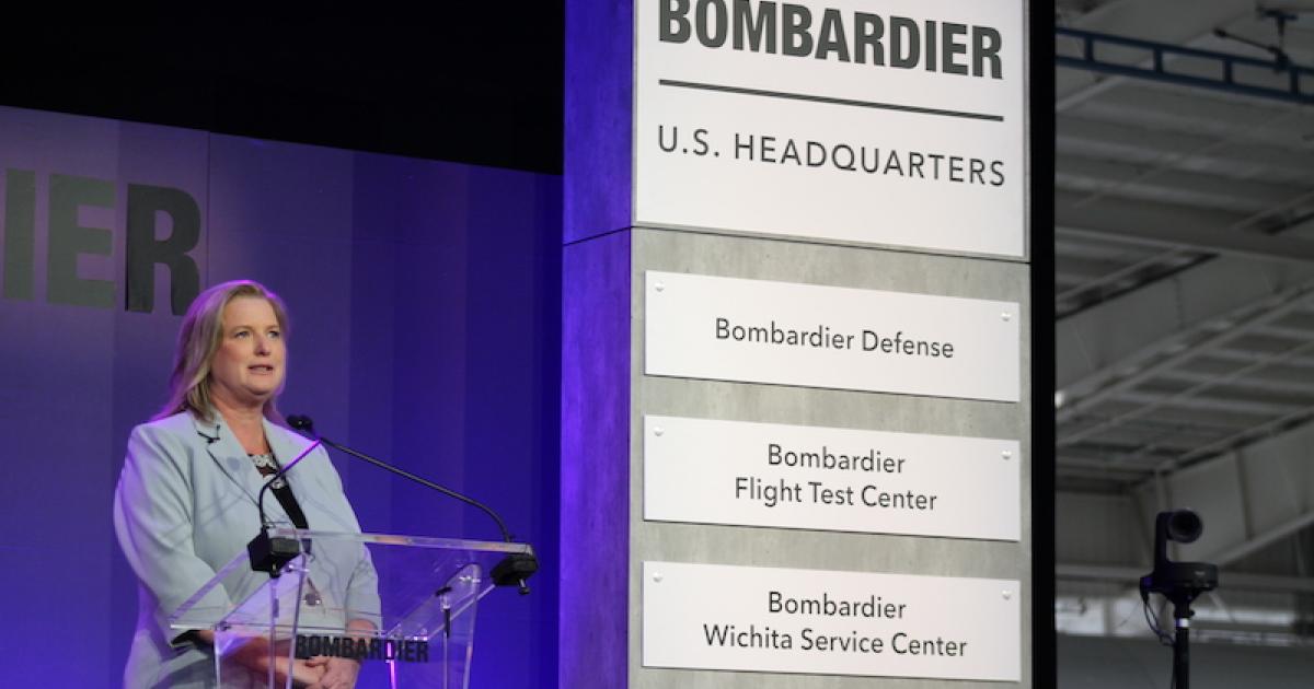 Tonya Sudduth, head of U.S. strategy for Bombardier, speaks at a ceremony yesterday at the company's Wichita site marking its transition from Learjet production to U.S. headquarters and home to its newly named defense unit. (Photo: Jerry Siebenmark/AIN)
