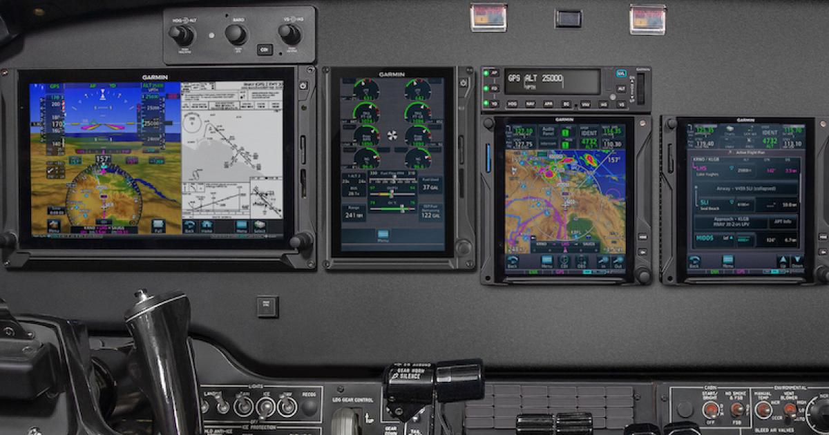 A seven-inch TXi EIS display in portrait mode replaces aging gauges with indicators that show real-time turbine engine information using distinct colors, bands, and radials to depict normal operating ranges and limitations for ease of engine data interpretation. (Photo: Garmin)