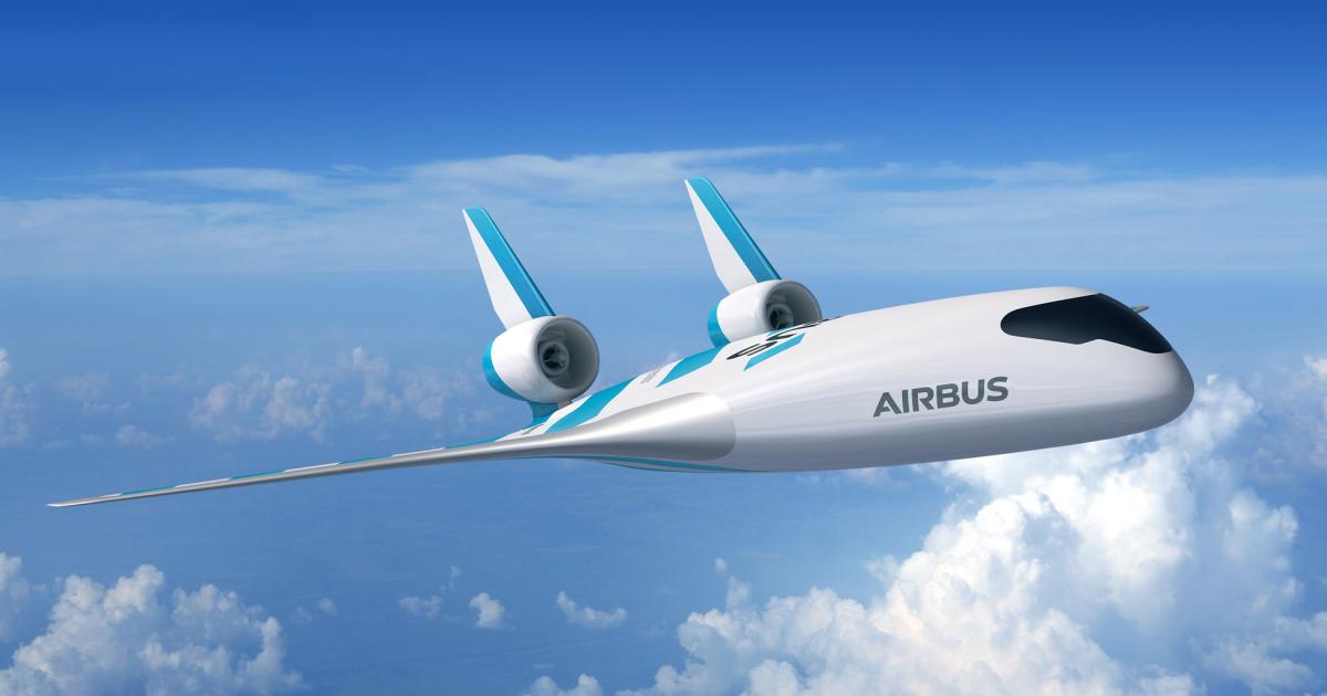 The newly-released report by Aerospace Industries Association and Accenture examines the technologies that will be needed if the aviation industry is to reach its goals of net-zero growth by 2050. The document examines the various innovations such as blended-wing body designs as to their environmental benefits and when they could make an impact. (Image: Airbus)