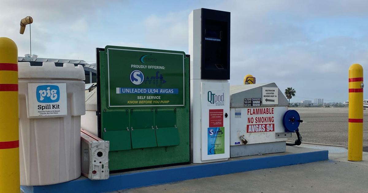 The self-serve fuel pump at Los Angeles-area Santa Monica Airport now dispenses Swift UL94 unleaded avgas, making the airport the first in the region to offer the environmentally-friendly fuel. (Photo: Aeroplex Group Partners)