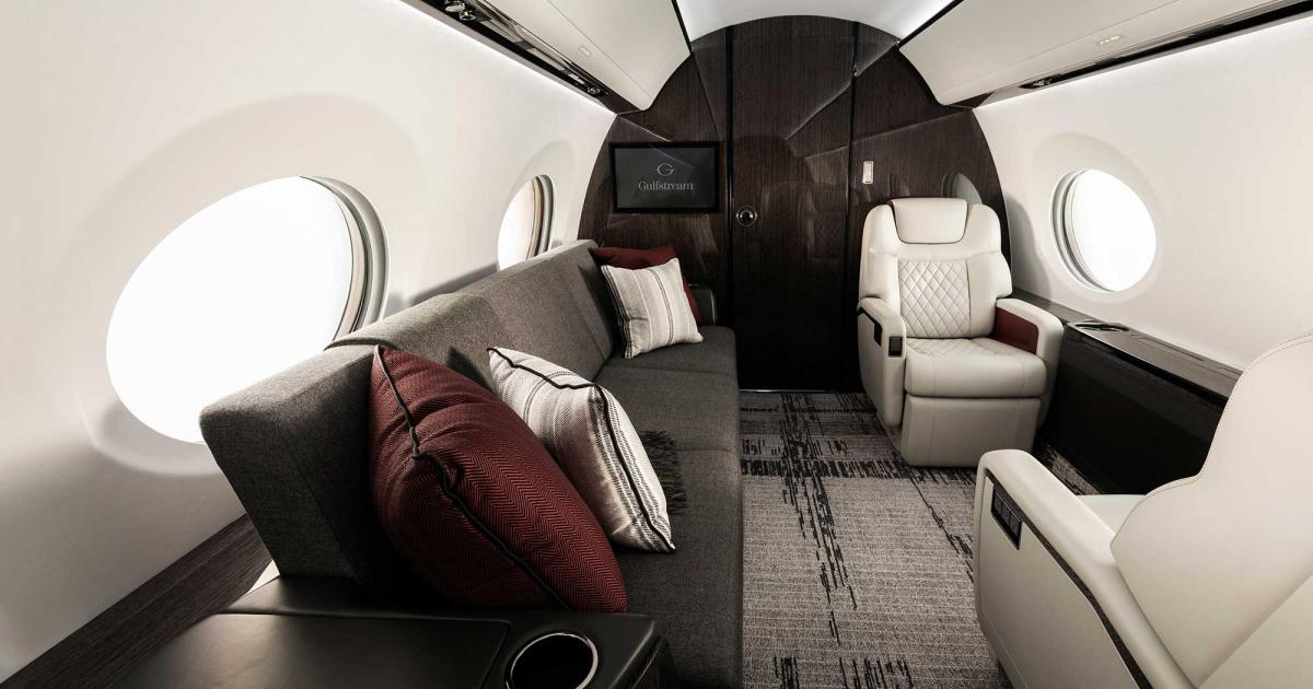 This large-cabin G600 was the first of the type to be outfitted at Gulfstream's Dallas facility. The company expanded G600 completions to Dallas due to growing demand for the business jet. (Photo; Gulfstream Aerospace)