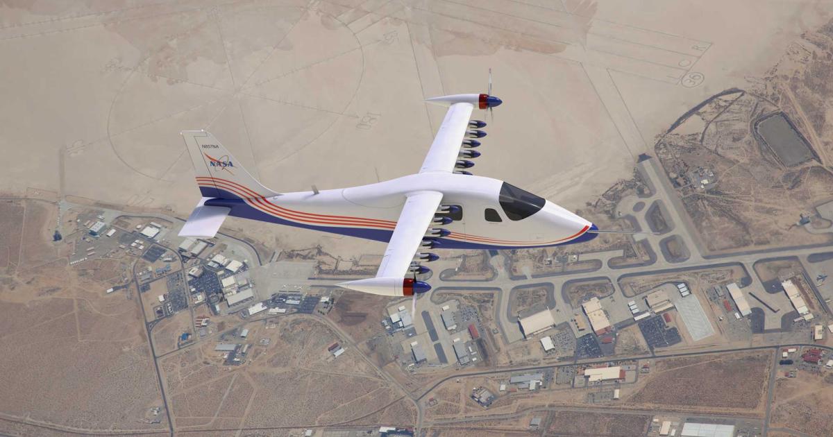 NASA's X-57 electric aircraft demonstrator is nearing the end of ground tests and is now being prepared for the installation of batteries. The space agency expects to fly the modified Tecnam P200\6T later this year. (Photo: NASA)
