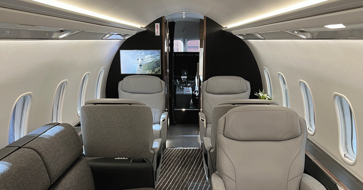 Bombardier’s Challenger 3500 cabin is fitted with sustainable materials such as upcycled polyester, eucalyptus veneers, and hemp. 