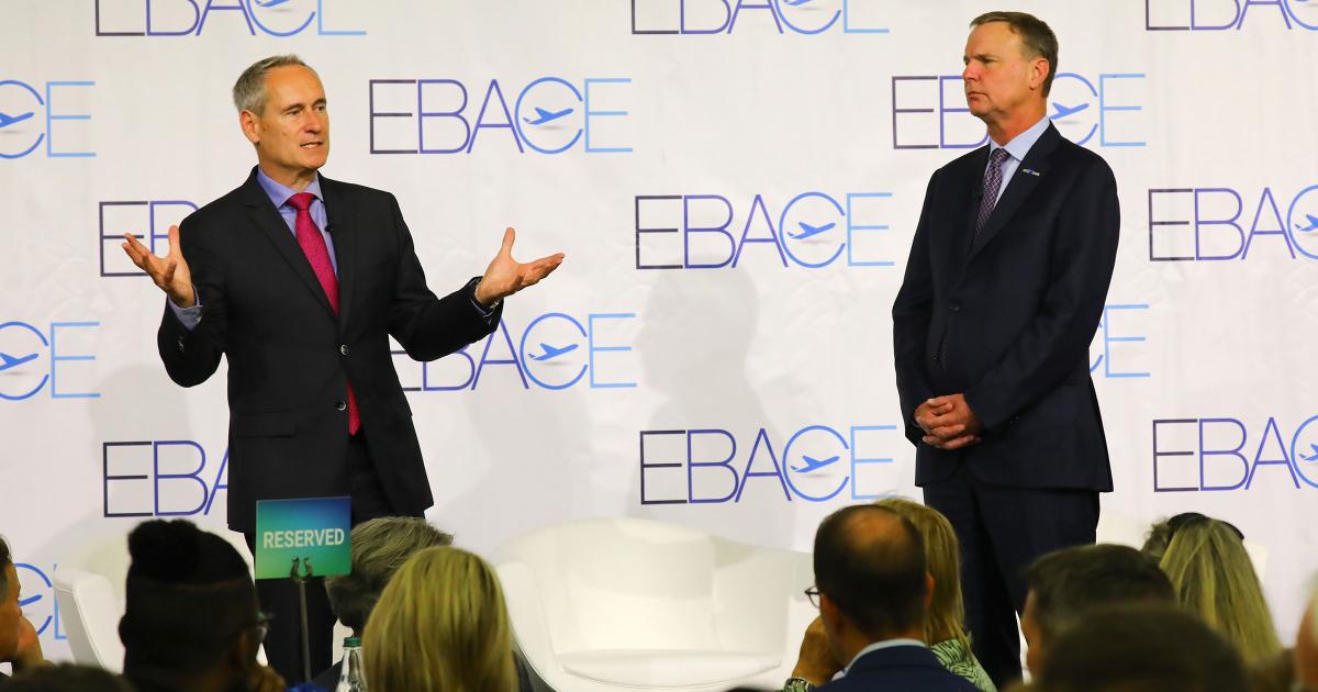 Juergen Wiese, EBAA chairman (left), and NBAA president and CEO Ed Bolen open the 2022 EBACE Sustainability Luncheon.