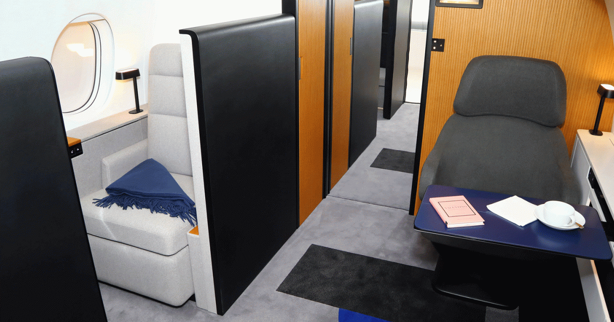 Dassault’s Privacy Seat (left) gives passengers a quiet space to relax.