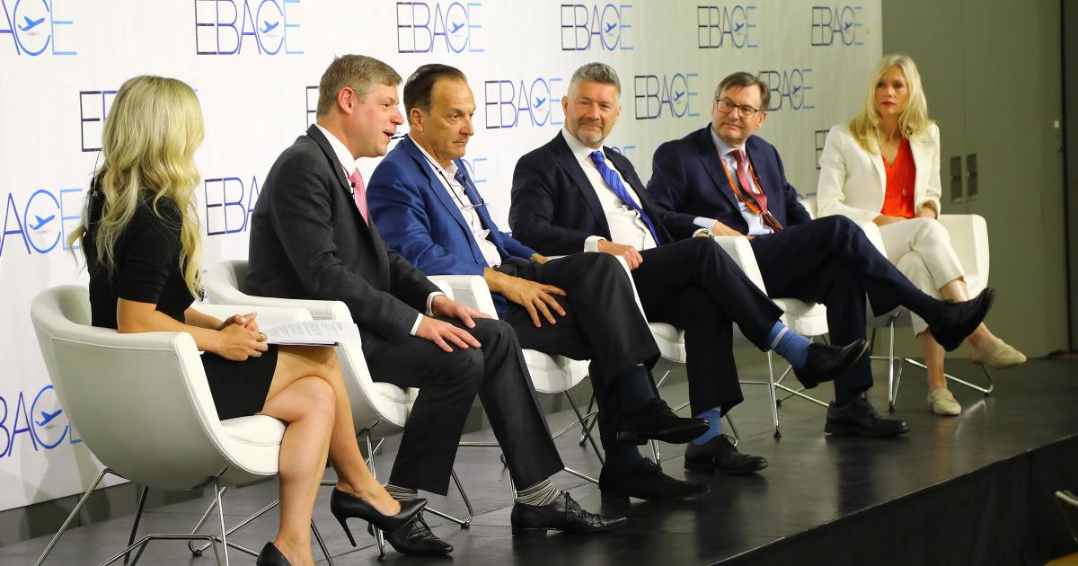 Reporters quizzed electric aviation pioneers at the EBACE Newsmakers Breakfast, left to right Alison Godlove (EBACE TV), Gregory Davis (Eviation Aircraft), Jean Botti (VoltAero), Murdo Morrison (FlightGlobal), Charles Alcock (AIN/FutureFlight), and Lee Ann Shay (Aviation Week). (Photo: David McIntosh)