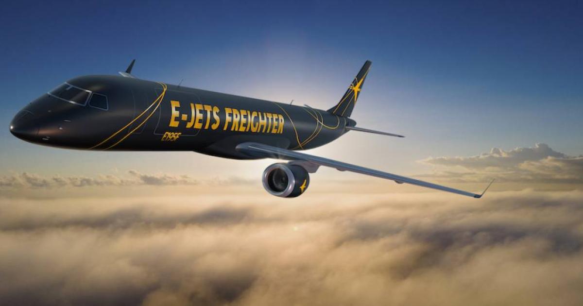 The Embraer E195F would carry up to 27,000 pounds of freight to a range of 2,100 nm. (Image: Embraer)

