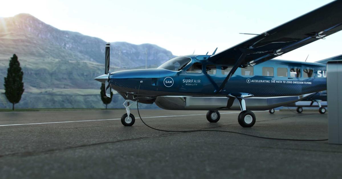 Surf Air Mobility's IPO-funded expansion plans focus on converting Cessna Grand Caravan aircraft to hybrid-electric propulsion, using a powertrain developed by MagniX. (Image: Surf Air Mobility)