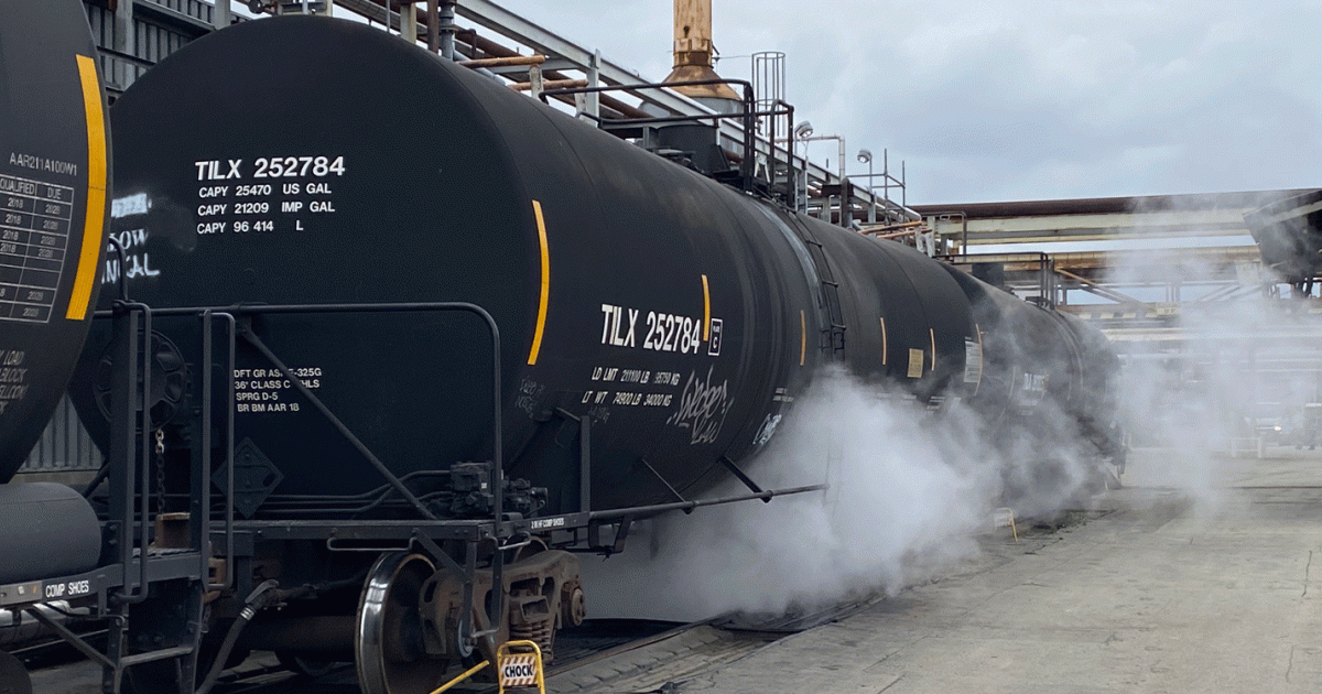 In preparation to offload a load of beef tallow feedstock, steam hoses are connected to the tanker to warm the contents so the tallow can easily flow for the next step in converting it to SAF. 