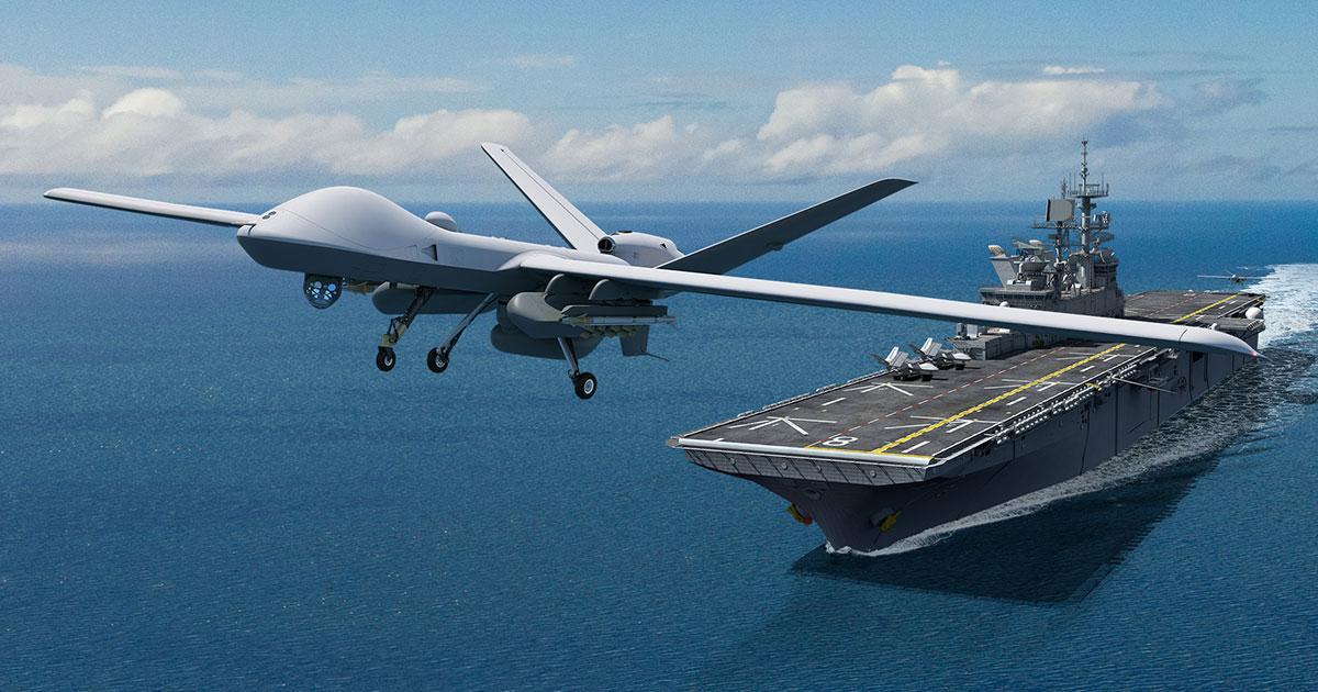 A company impression shows an MQ-9B STOL taking off from an assault carrier in SeaGuardian configuration, equipped with underbelly search radar and pods under the inner wings for dropping sonobuoys. It is depicted with AIM-9X air-to-air missiles for self-defense. (Photo: General Atomics)
