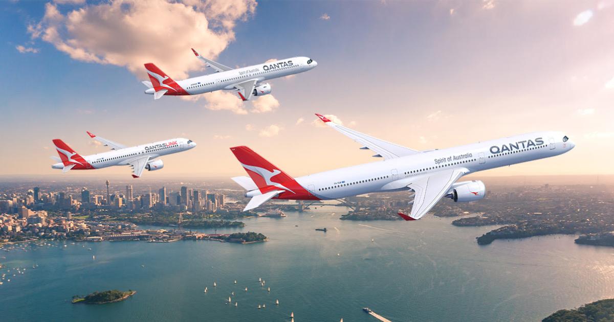 A massive order for Airbus jets by Qantas calls for delivery of A350-1000s (foreground) starting in 2025 and A321XLRs (top) and A220-300s starting in late 2023. 