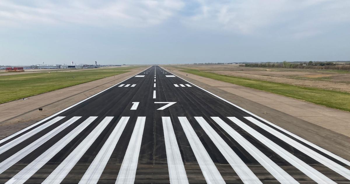 Salina Regional Airport in Kansas has completed the first phase of its rehabilitation of 12,300-foot Runway 17/35. A second phase, which will see the milling and repaving of the remaining 7,500 feet, will begin in July and shut down the runway until September. (Photo: Salina Regional Airport) 