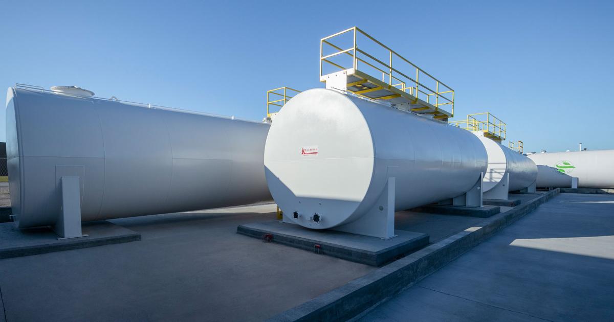 Gulfstream's newly installed fuel farm on its Savannah campus includes a dedicated 30,000-gallon tank for sustainable aviation fuel. The airframer plans to soon double that capacity. (Photo: Gulfstream Aerospace)