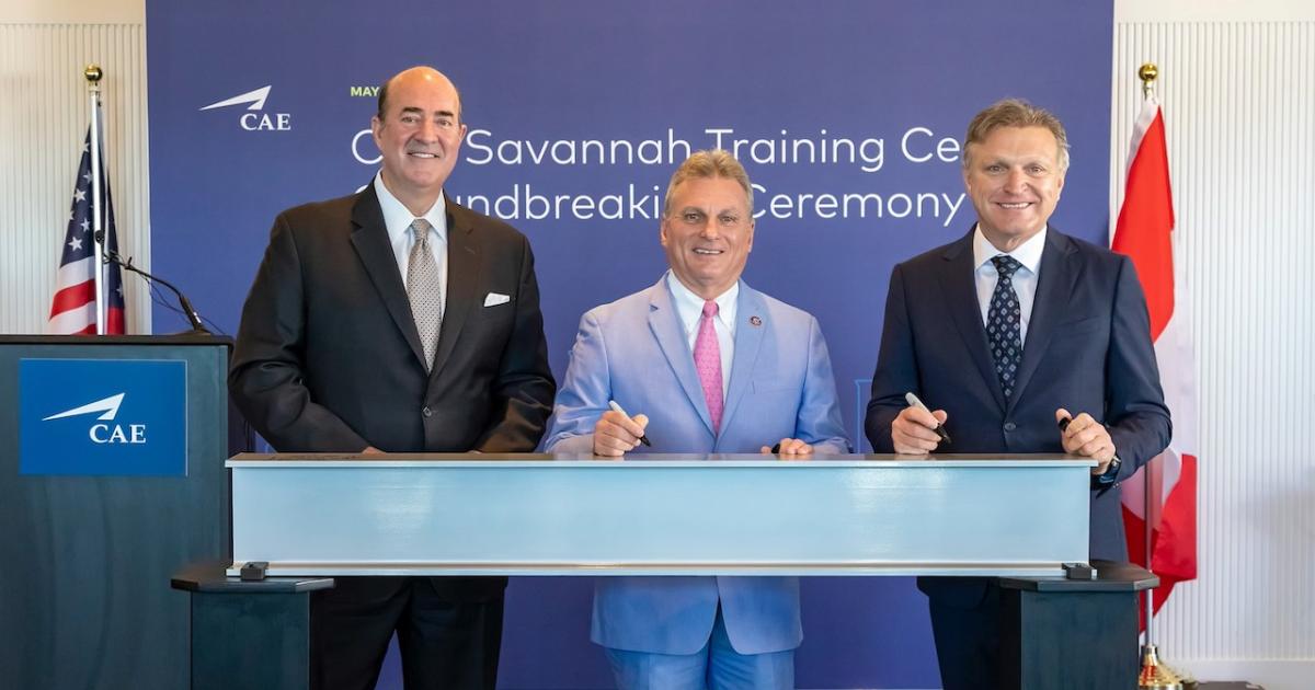 CAE president and CEO Marc Parent (right) celebrates a ceremonial groundbreaking of his company's next U.S center in Savannah with Gulfstream Aerospace president Mark Burns (left) and Rep. Buddy Carter (center, R-Georgia). (Photo: CAE)